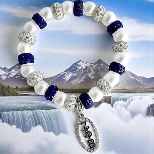 Zeta Phi Beta Bracelet‎ Blue and White Pearls rhinestone with Logo Pendant